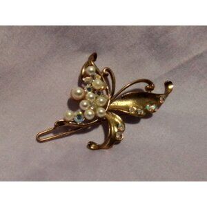Vintage Gold-Tone Butterfly Hair Barrette With Faux Pearls & Rhinestones